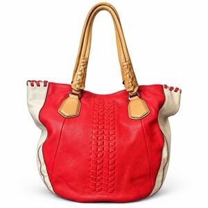 orYANY Red Tan Cream Leather Tote Shoulder Bag Woven Braided Handles